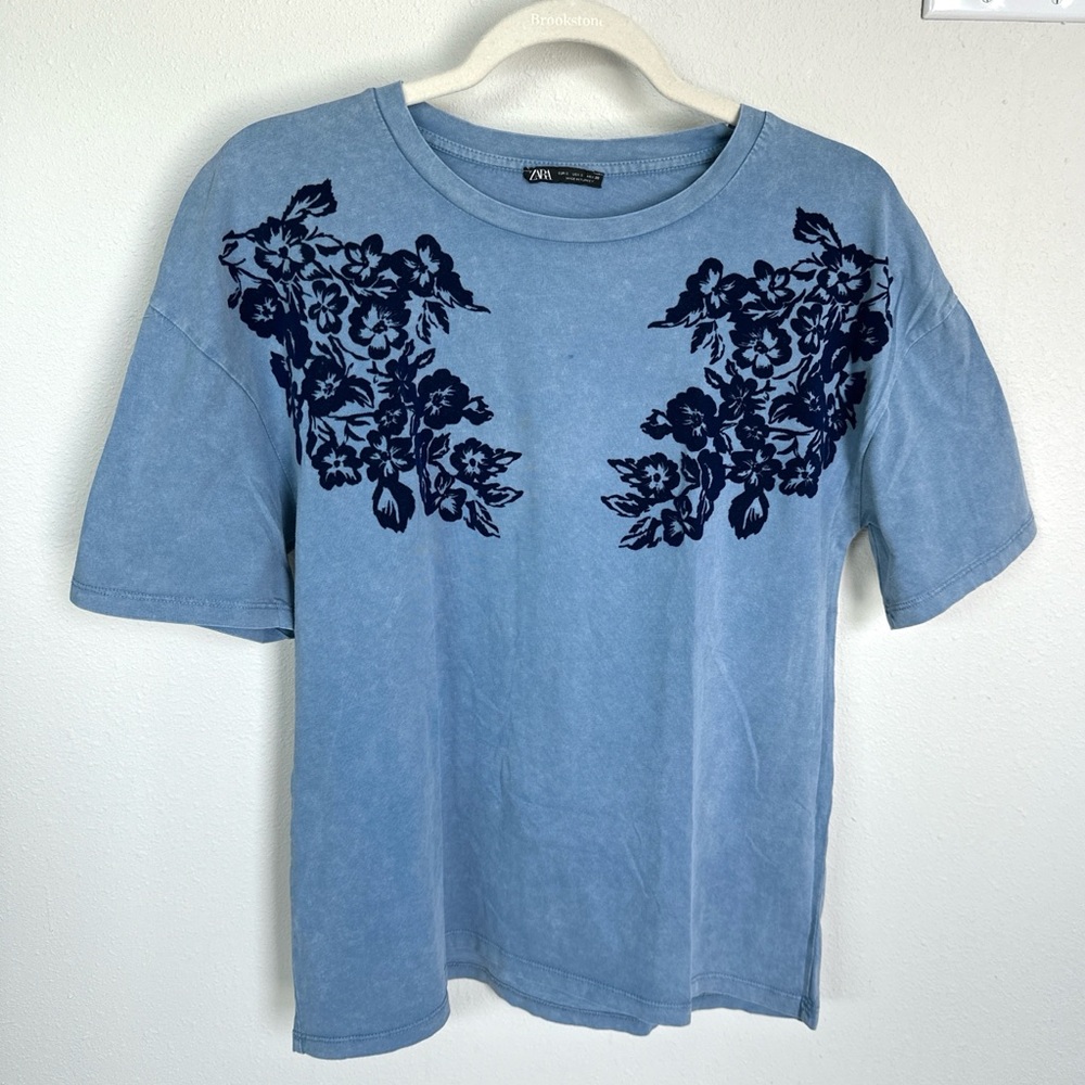 Zara Light Blue Top with Navy Blue Embroidery